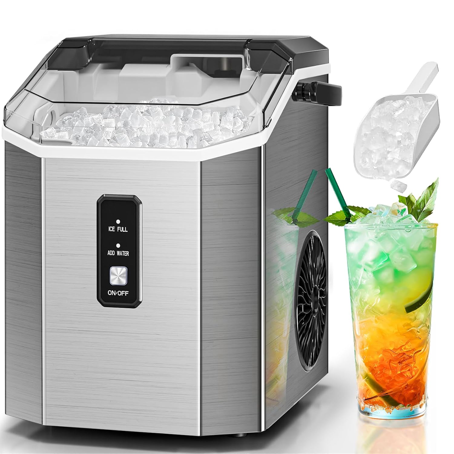 Nugget Ice Makers Countertop with Self-Cleaning, 35lbs/24H, Portable Sonic Ice Maker Machine with Handle/Basket/Scoop for Home, Kitchen, Office, Camping(Stainless Steel Silver) 35Lbs Stainless Steel Silver 1