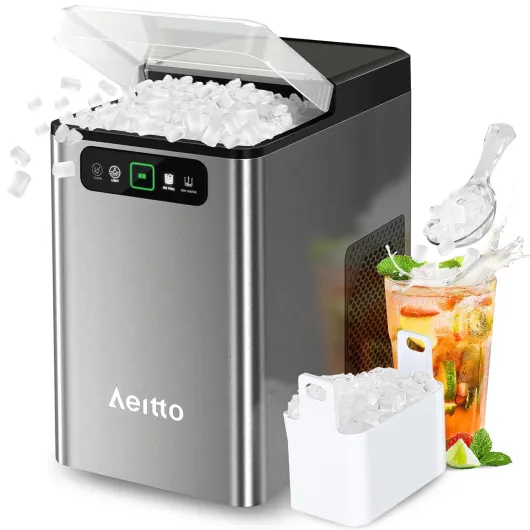 Nugget Ice Maker Countertop, Pellet Ice Machine Soft Chewable Ice 40lbs/Day, One-Click Operation, Auto Self-Cleaning Crushed Ice Makers Stainless with Scoop for Home/Kitchen/Office (Grey) StainlessGray Nugget Ice Maker