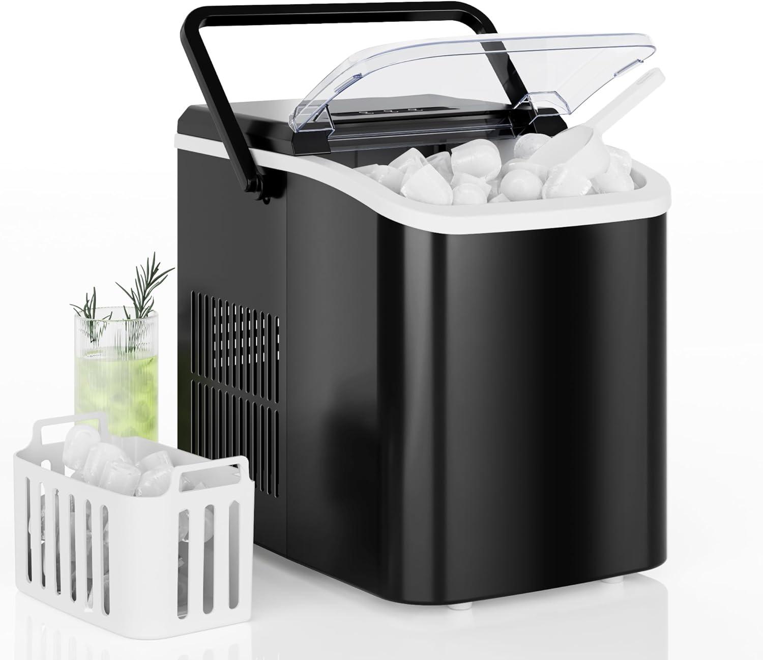 Countertop Ice Maker with Handle, 26lbs/24H Portable Ice Machine, 9 Bullet Ice Cubes Ready in 6 Mins, Self-Cleaning, Quiet Compact Ice Maker for Home, Kitchen, RV, Camping, Black