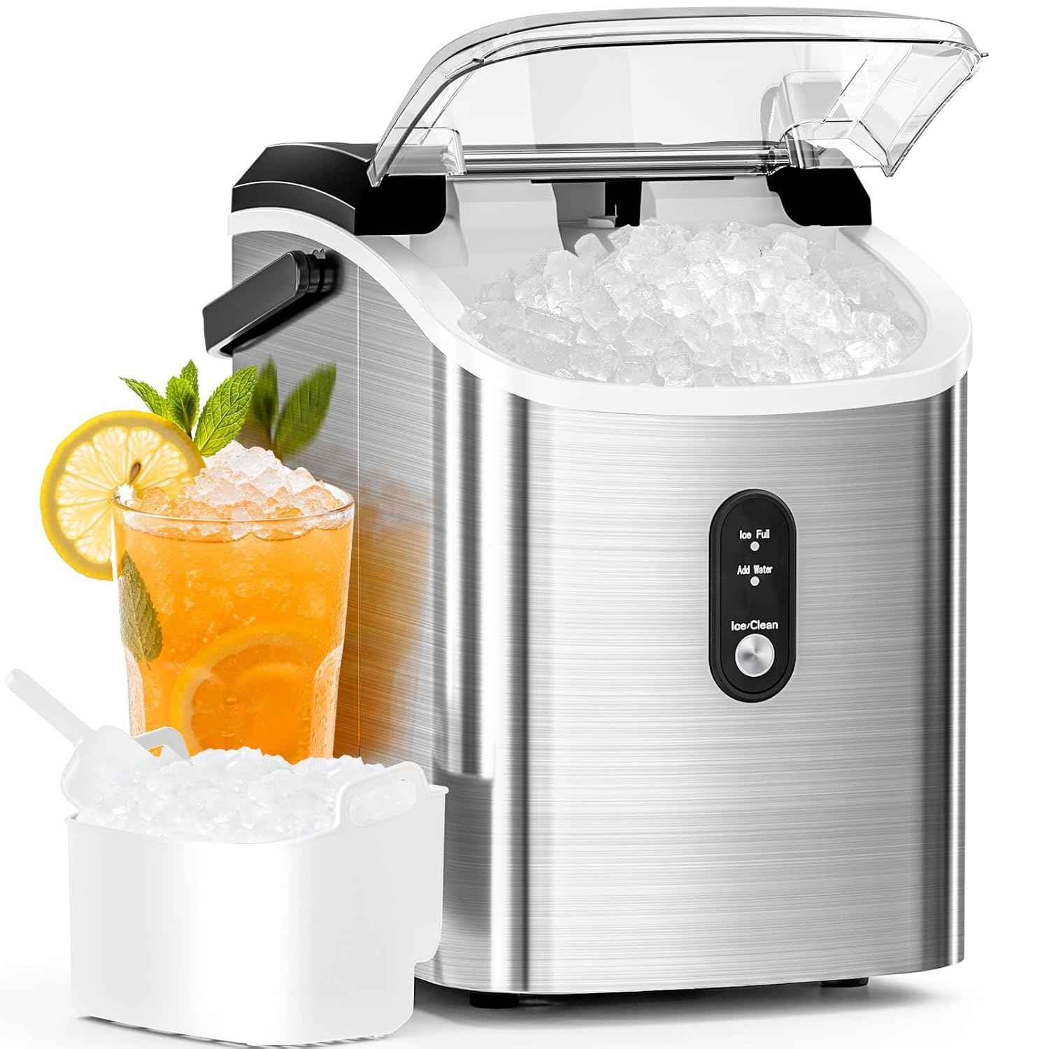 Nugget Ice Maker Countertop with Soft Chewable Ice, Portable Sonic Ice Maker with Basket and Scoop, Removable Top Cover, Auto-Cleaning for Home/Party/RV/Camping (Stainless Steel Silver) 34Lbs/24H Silver 1