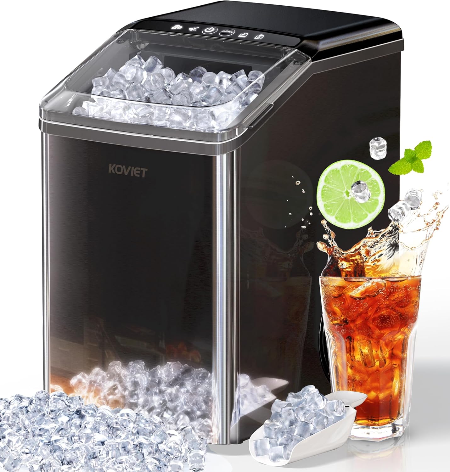 Nugget Ice Makers Countertop, Soft Pebble Ice Machine, Chewable Crushed Pellet Ice 42lbs/Day, Self-Cleaning Drainpipe Ice Maker for Party, Home, Kitchen, Bar, Office, Black