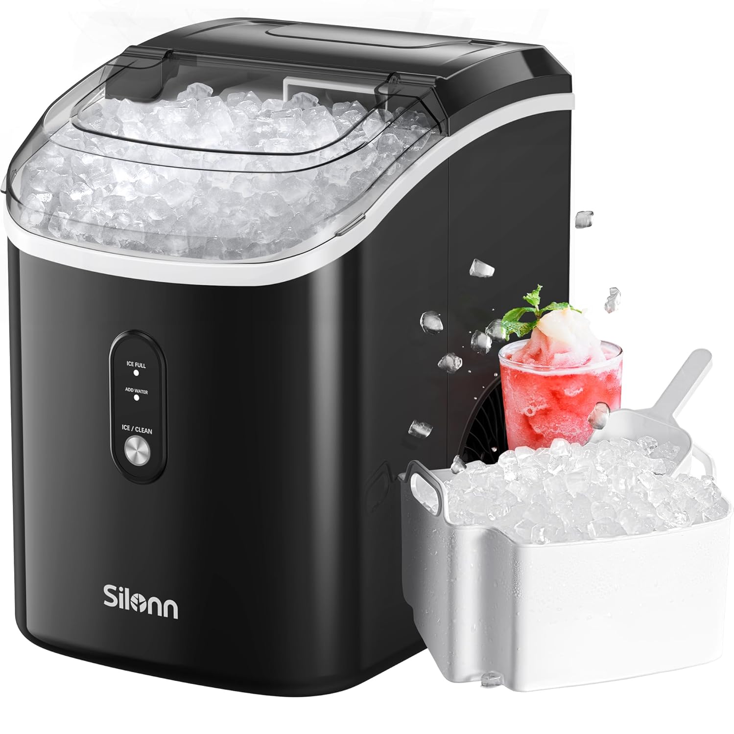 Nugget Ice Maker Countertop, Silonn Chewable Pellet Ice Machine with Self-Cleanin Function, 33lbs/24H Portable Ice Makers for Home Kitchen Officce, Black Nugget Ice Black-transparent