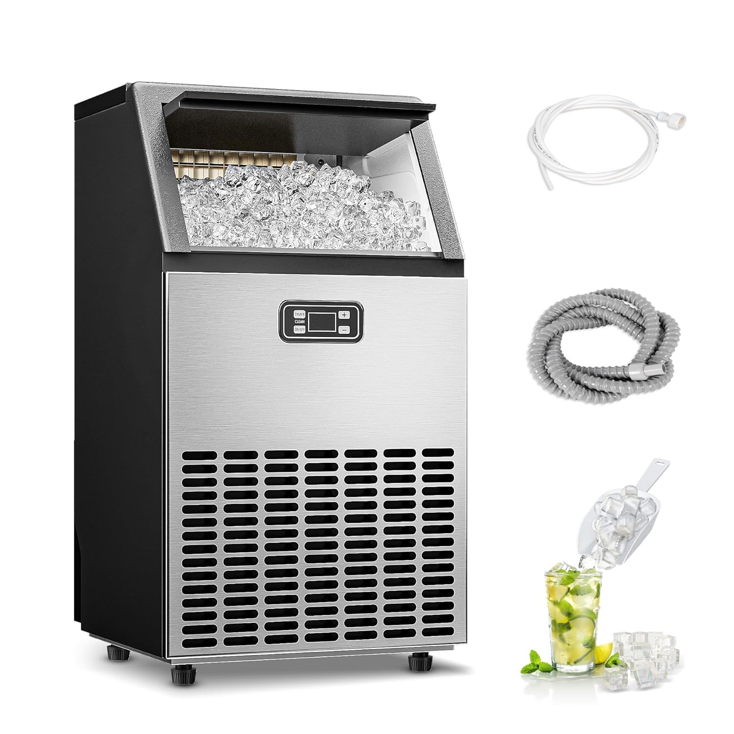Commercial Ice Maker Machine, 100lbs/Daily Ice Production Under Counter Ice Maker, Self-Cleaning, Timer Stainless Ice Machine with 33lbs Ice Storage, Ideal for School, Home, Bar, RV Stainless Steel 100lbs