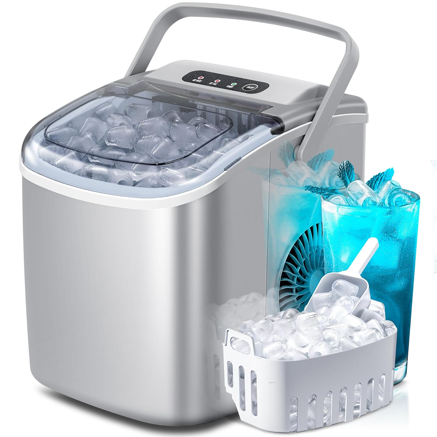 Portable Countertop Ice Maker Machine with Handle, 9 Bullet-Shaped Ice Cubes Ready in 6 Mins, 26Lbs/24H, Self-Cleaning Function with Ice Scoop and Basket for Home/Kitchen/Party (Grey) 26LBS/24H Grey 1