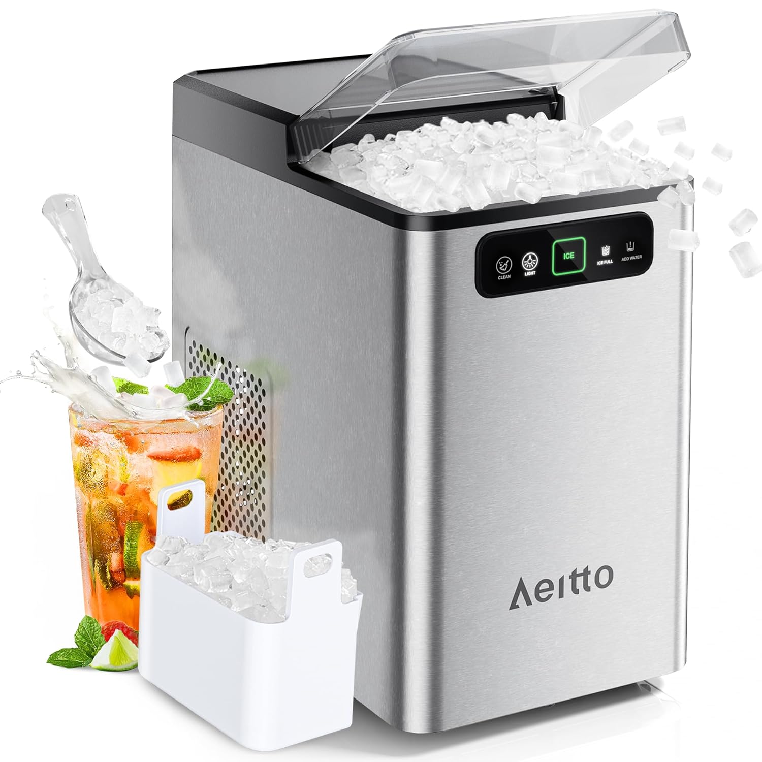 Nugget Ice Maker 40Lbs/24H, Countertop Soft Chewable Ice Pebble Ice Machine, One-Click Operation, Auto Self-Cleaning Ice Makers with Scoop&Basket for Home, Office, Kitchen, Party (Silver)