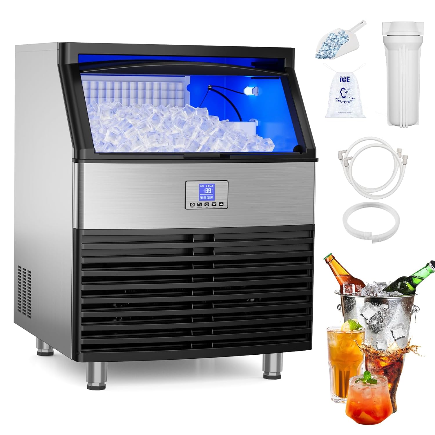 Commercial Ice Machine, 450LBS/24H Ice Maker with 120 LBS Storage, Ice Ready in 8-15 min, Under Counter Ice Machine, Commercial Ice Machine Maker for Restaurant/Bar/Cafe/Business