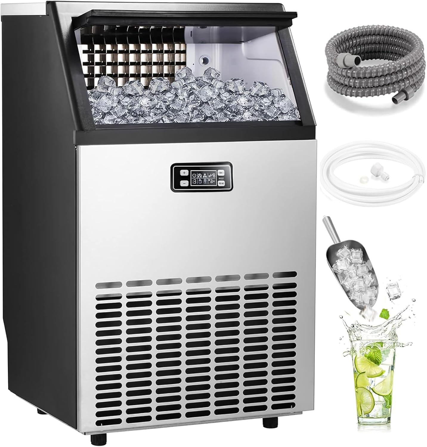 Commercial Ice Maker,2025 Upgraded-101lbs/24H Stainless Steel Ice Machine with 33lbs Storage Capacity, Auto Self-Cleaning, LED Digital Display, 45 Ice Cubes in 12 Mins,Home/Bar/Restaurant 101LBS/DAY
