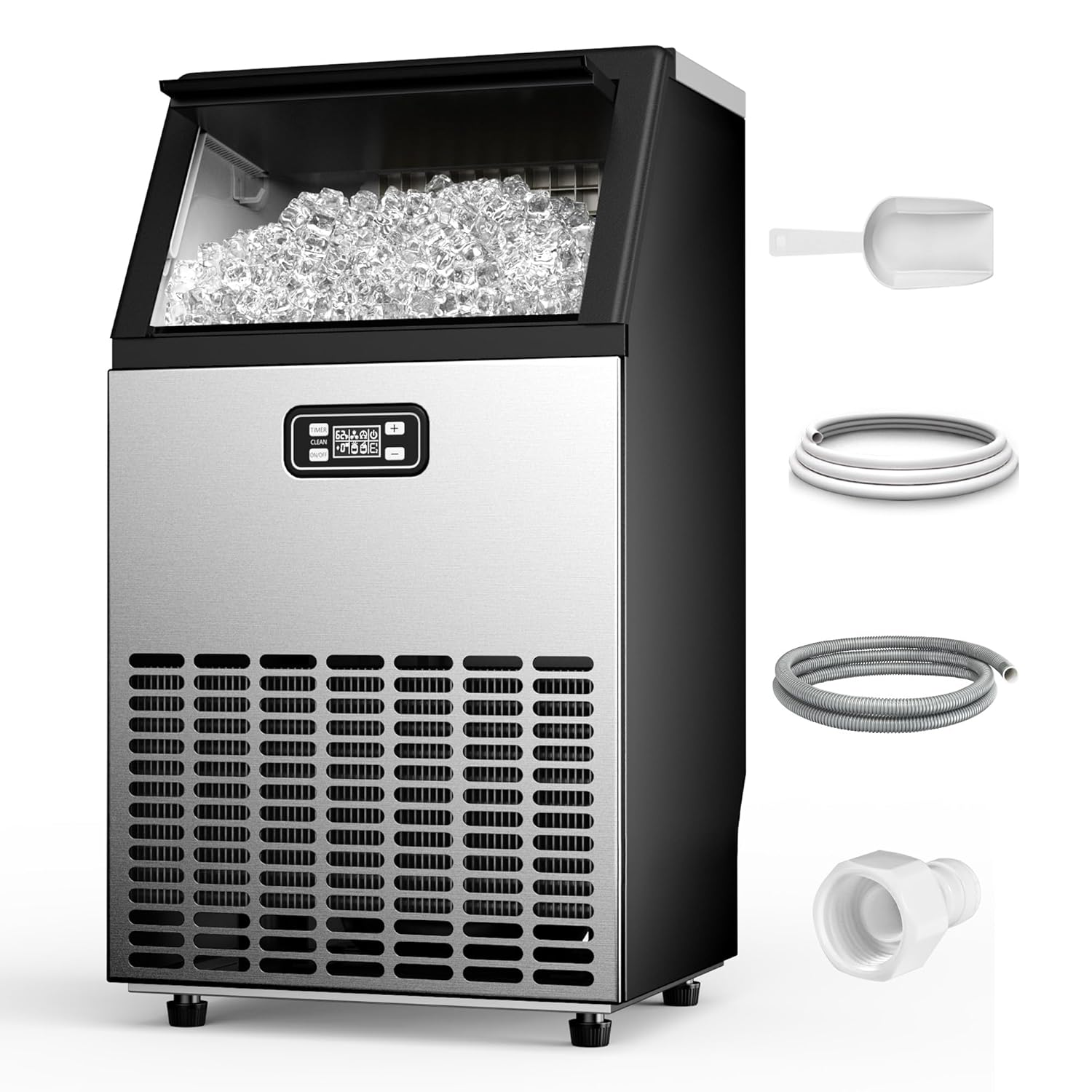 Commercial Ice Maker Machine - 100 lbs/Day, 33 lbs Storage Bin, Freestanding or Built-in Ice Maker with Self-Cleaning & Timer, Stainless Steel Ice Machine for Home Bar Office Restaurant 100BS/DAY 1