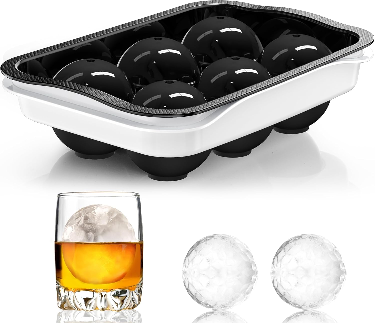 Whiskey Ice Ball Maker, [Fill without Funnel & Easy Release] 2.2'' Round Large Iced Cube Trays with Cover, Reusable Sphere Silicone Ices Tray with Lids for Bourbon, Gift for Brandy Lover Round&Black/White