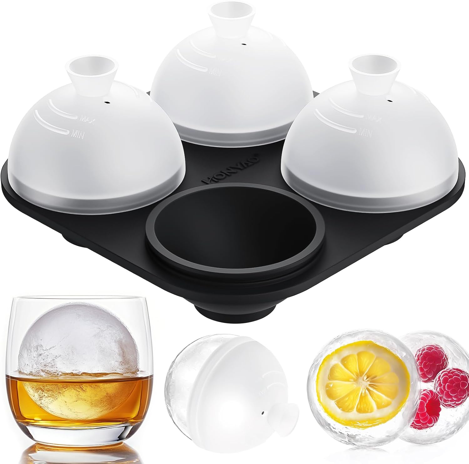 HONYAO Silicone Whiskey Ice Ball Mold - 2.4 Inch Large Ice Cube Trays Molds Silicone with Lids - Ice Sphere Maker for Cocktails, Bourbon, Rum - 4 Iceballs Black - 1 Pack