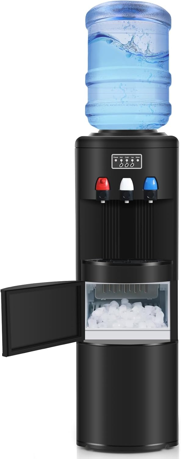 Water Dispenser with Ice Maker, 3-in-1 Hot and Cold Water Cooler with Built-in Bullet Ice Maker Machine, 26.5lbs/24H, Top Loading for 3-5 Gallon Bottle, Child Safety Lock, Black