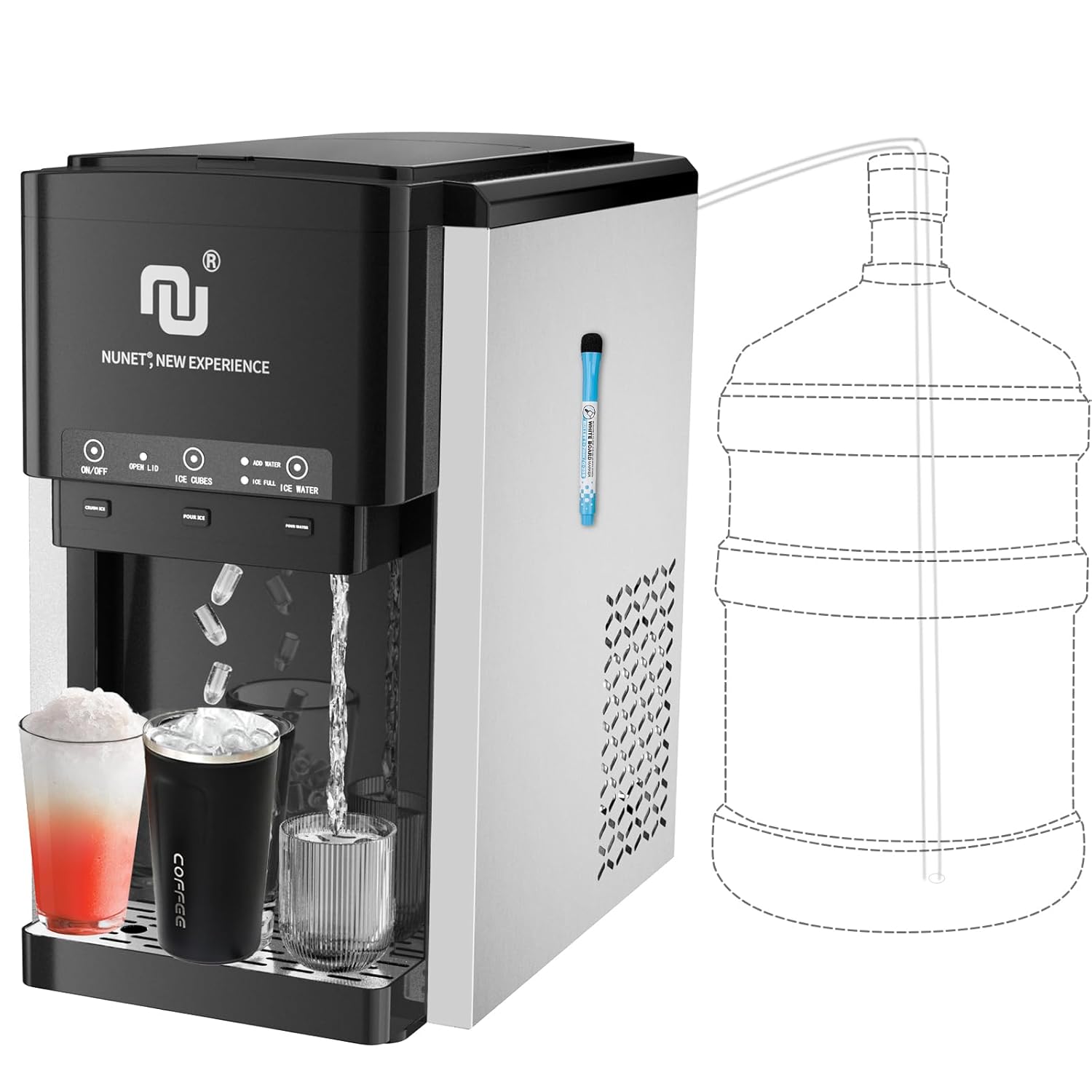3-in-1 Water Bottle Bottom-Loading Ice Dispenser Water Cooler w - Crusher, Built-in 6L Water Tank, Produces 44lbs Bullet Ice/Shaved Ice Daily, 4 lbs Ice Storage for Home, Office, Facility Use crushed ice maker Black