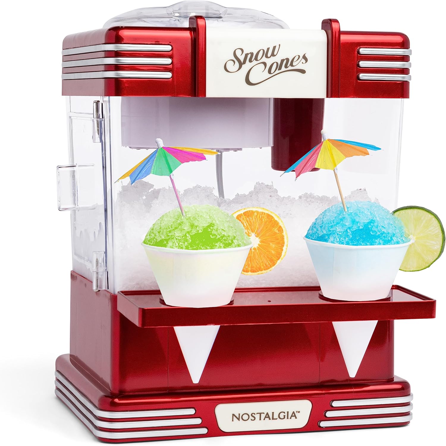 Snow Cone Shaved Ice Machine - Retro Table-Top Slushie Machine Makes 20 Icy Treats - Includes 2 Reusable Plastic Cups & Ice Scoop - Retro Red Table Top Metallic Red