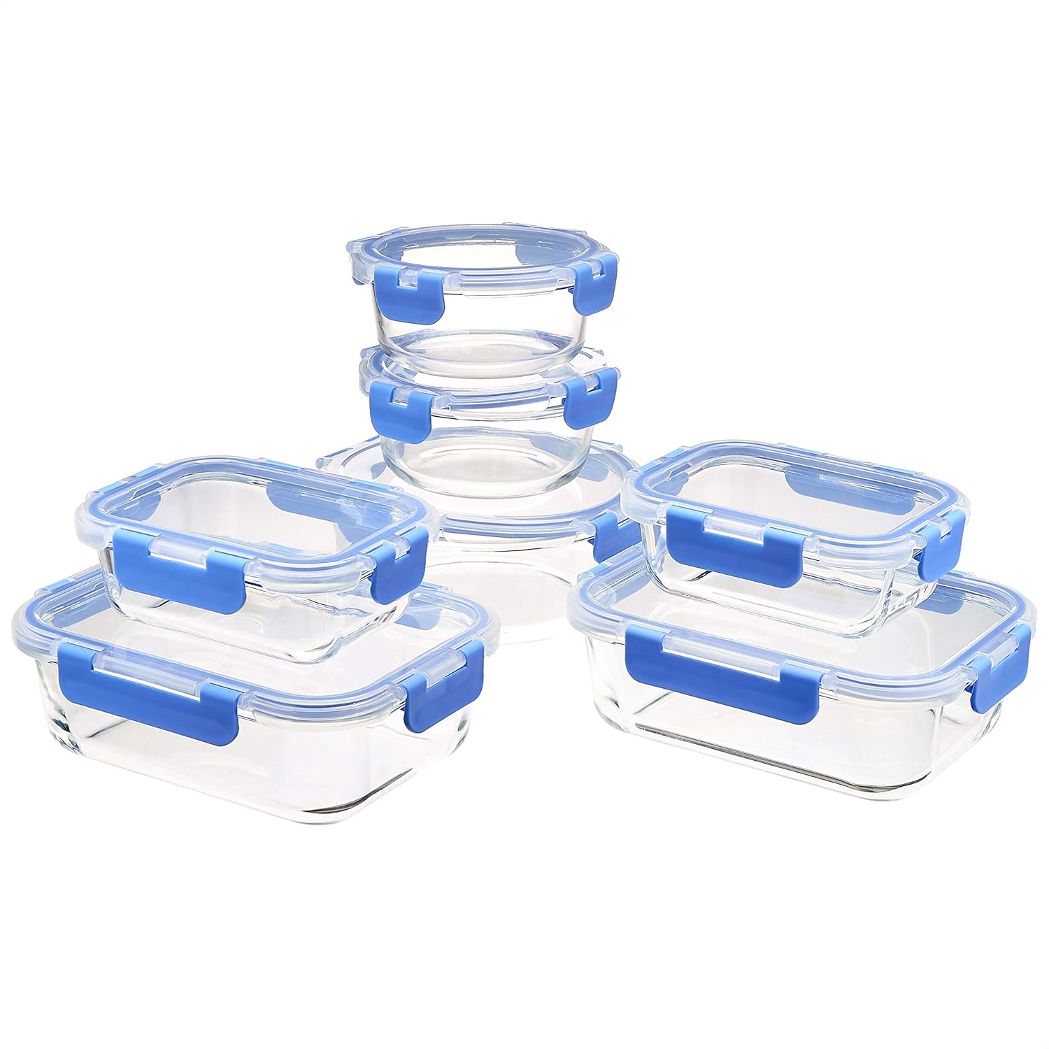 Glass Food Storage Containers with Locking Lids, Set of 7, 14 pieces including lids, BPA-Free, clear with blue silicone ring 14-Piece Set