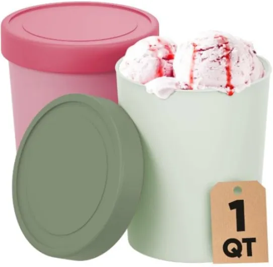 Starpack 'Freeze the Day' Ice Cream Storage Containers for Freezer (2 Pcs) - 1 Quart Ice Cream Containers for Homemade Ice Cream - Reusable Ice Cream Containers with Lids - Leak-Free Lids (Silicone) Sage / Pink