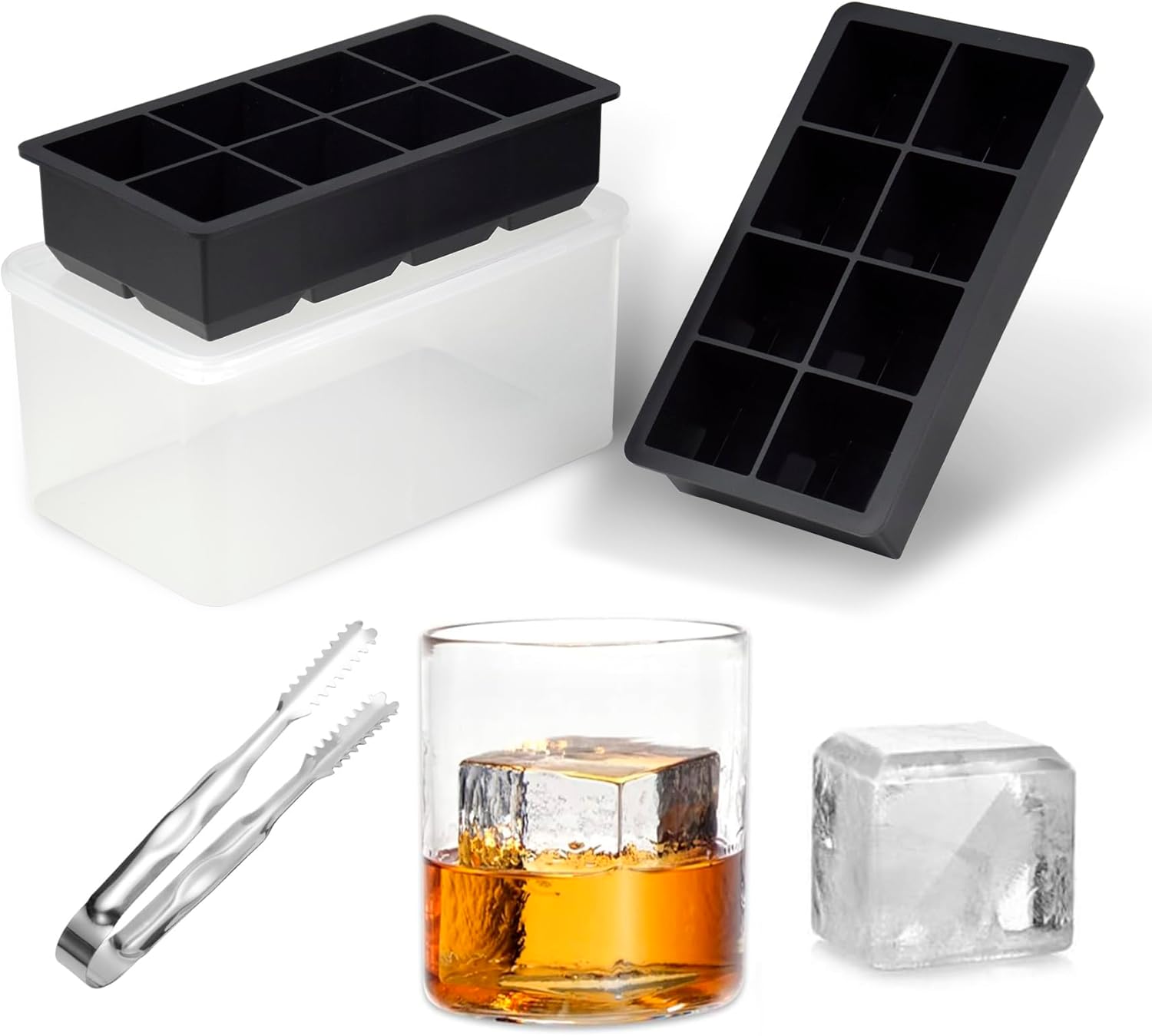 Large Ice Cube Tray with Bin and Tongs,2 Pack Large Size Silicone Ice Cube Trays for Whiskey, Big Square Ice Cube Molds Making 16 Giant Ice Cubes for Whiskey Cocktails Bourbon
