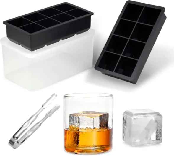 Large Ice Cube Tray with Bin and Tongs,2 Pack Large Size Silicone Ice Cube Trays for Whiskey, Big Square Ice Cube Molds Making 16 Giant Ice Cubes for Whiskey Cocktails Bourbon