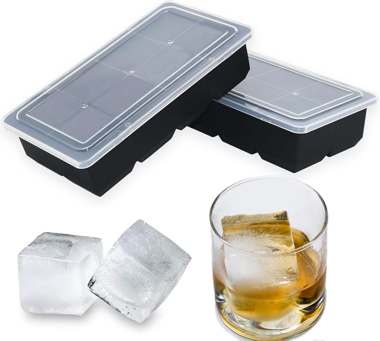 Large Ice Cube Tray for Whiskey,2 Pack Stackable Big Ice Cube Molds Make 16 Big Whiskey Ice Cubes,Easy Release Square Ice Cube Maker for Cocktails,Whiskey,Soups and Frozen Treats Black