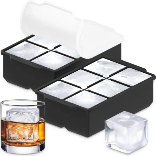 Large Silicone Ice Cube Tray (2-Pack), Easy Release 2" Big Ice Cubes - Cocktail, Whiskey Ice Cubes Mold - Ice Trays for Freezer with Lid - Stackable Silicone Ice Tray - Black Black 2-Pack
