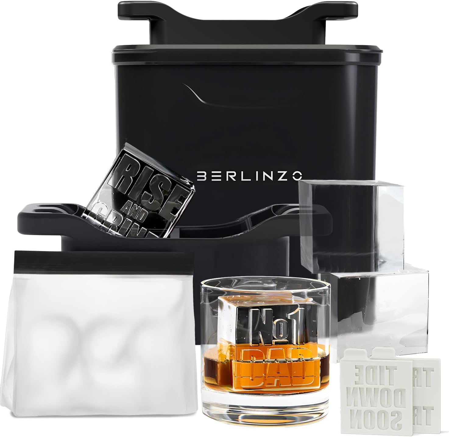 Premium Clear Ice Cube Maker with Conversation Ice Prints – 4 Large 2.1" Crystal Clear Ice Squares – Giftable Idea for Party, Game Night & Just for Fun – Includes Storage Bag (Non-Electric) 4 Cubes - Black