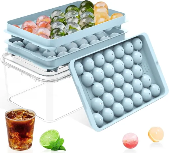 Ice Cube Tray with Lid and Bin – Round Ice Cube Trays for Freezer, BPA-Free Food-Grade Ice Mold, Stackable Ice Ball Maker, Iced Bucket Kits, Circle Ice Tray for Cocktails, Whiskey, Coffee, and Drinks 1.2in/62balls&box