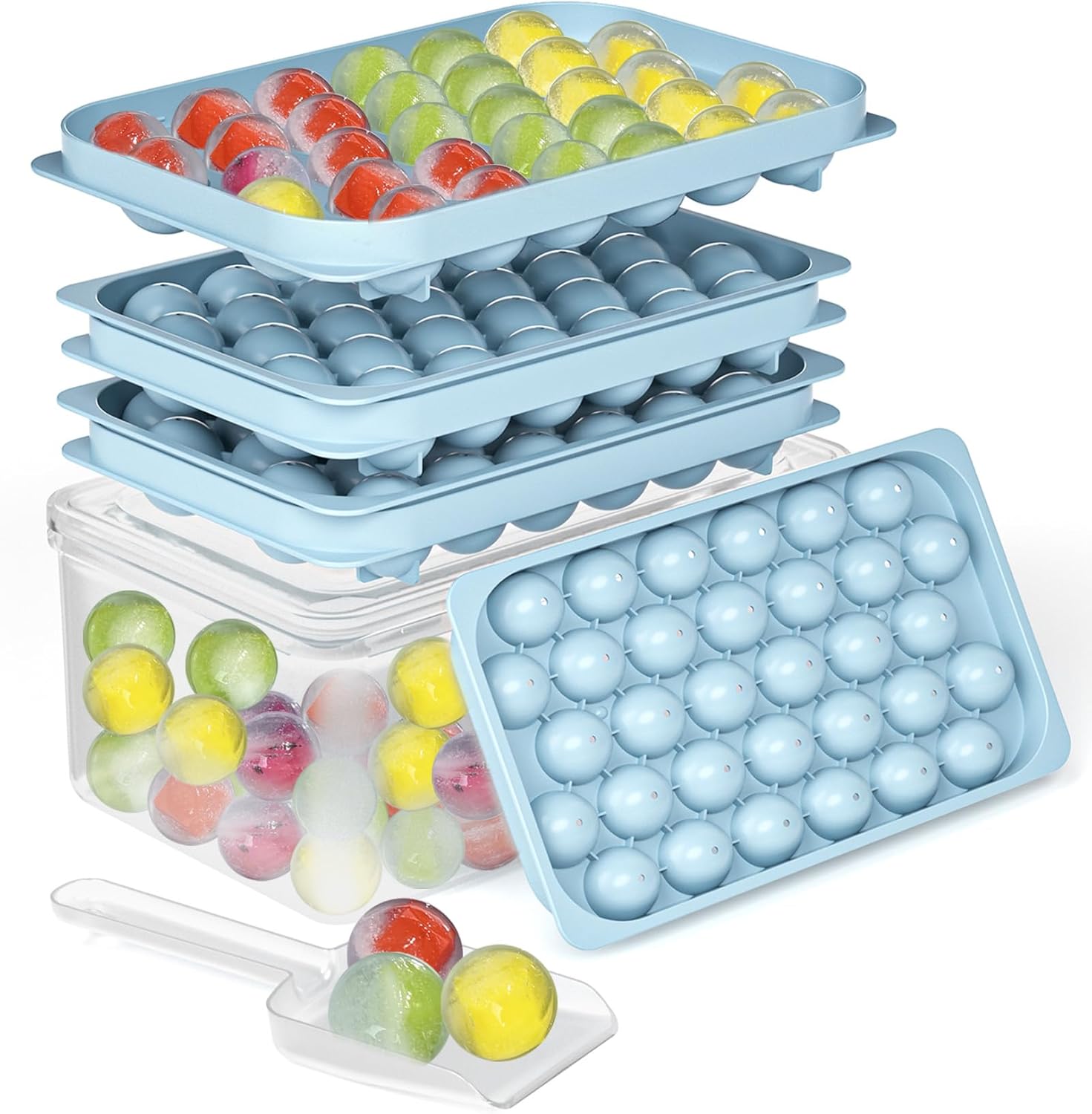 Ice Cube Trays with Lid and Bin, BPA-Free Mini 0.75 Inch Sphere Ice Molds, 2-Pack Small Round Ice Ball Trays, Easy Release, Includes Scoop & Ice Storage Box for Cocktails, Coffee Fresh Blue - Ice Bucket Included 0.8 Inch, 2 Pack