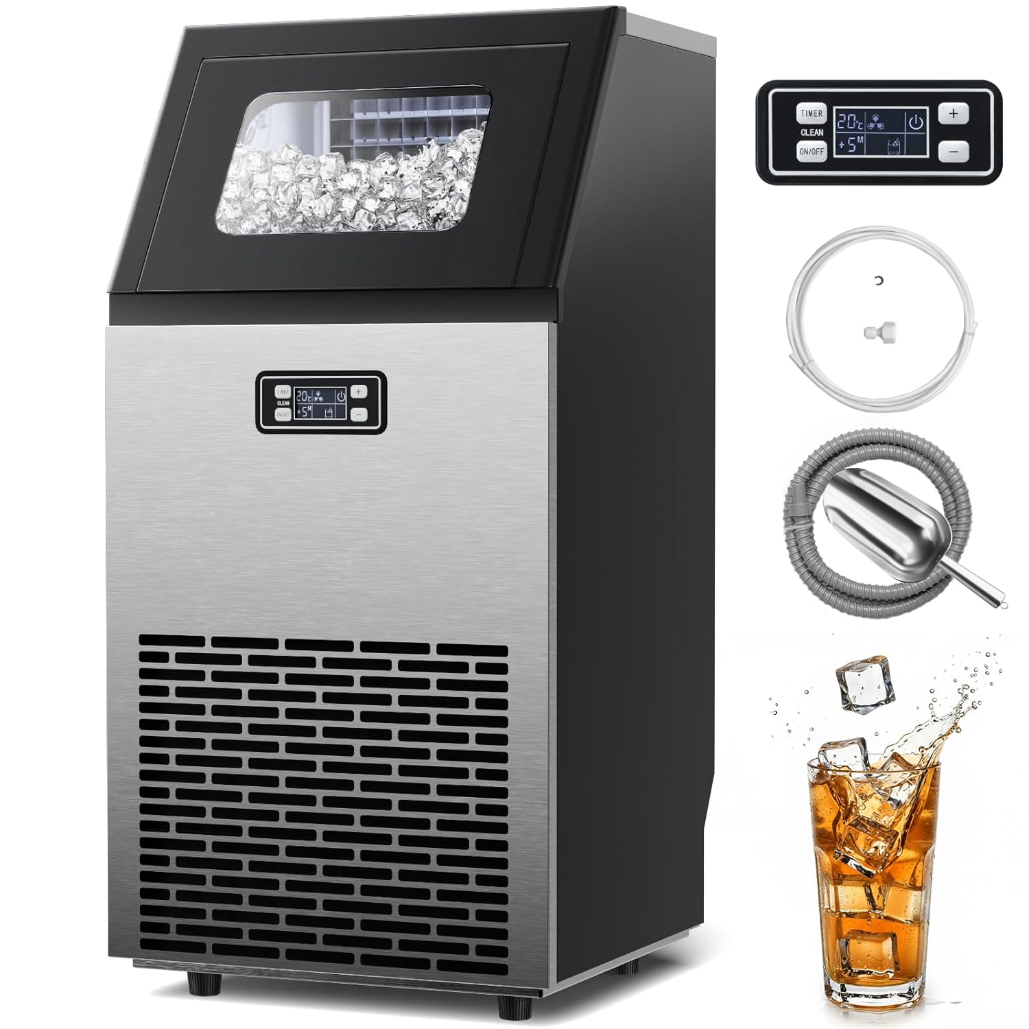 Commercial Ice Machine, 100Lbs/24H, 45 Cubes/Batch in 11-20 Mins, Stainless Steel Freestanding with Dual Self-Cleaning & 2 Water Inlet Modes for Restaurant/Bar/Home/Office Offices 100Lbs/24H 1