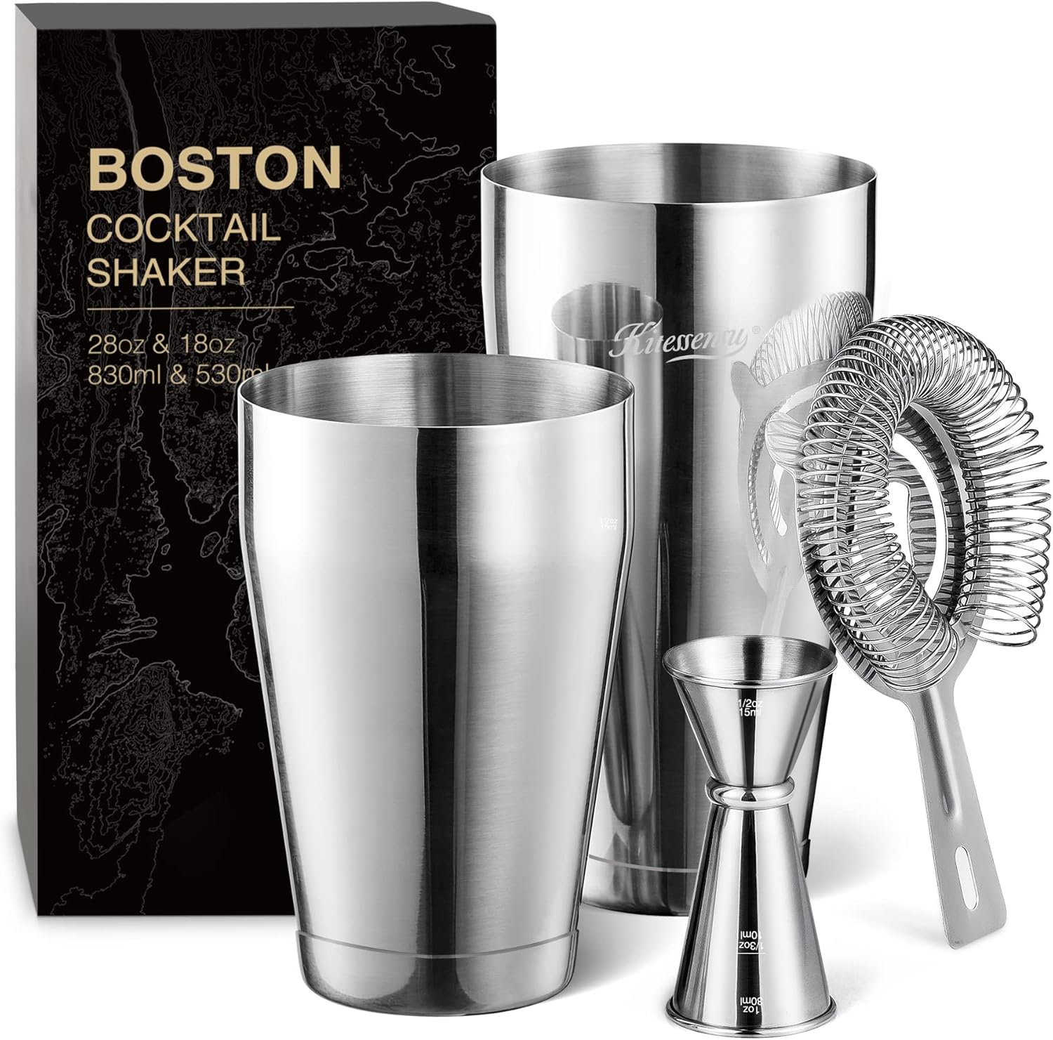 Boston Cocktail Shaker Set, 4-Piece Boston Shaker Tins Bartender Kit with 18oz & 28oz Mixed Drink Shaker, Hawthorne Strainer, Double Measuring Jigger, Cocktail Recipe Cards Included Boston - 4