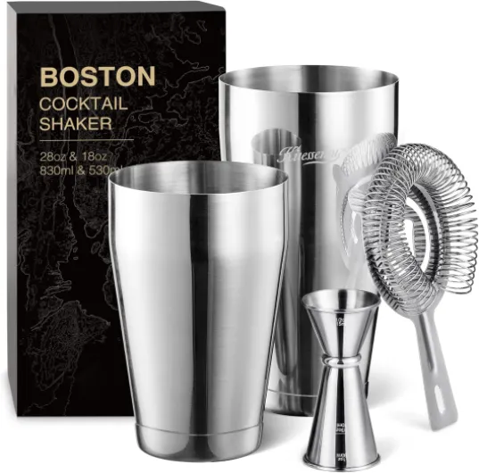 Boston Cocktail Shaker Set, 4-Piece Boston Shaker Tins Bartender Kit with 18oz & 28oz Mixed Drink Shaker, Hawthorne Strainer, Double Measuring Jigger, Cocktail Recipe Cards Included Boston - 4