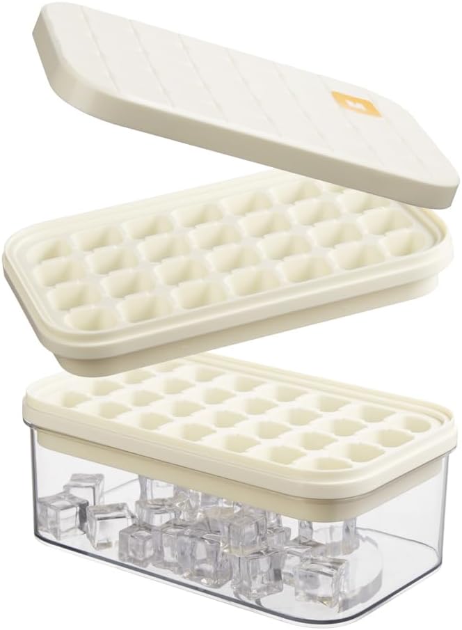 Ice Cube Tray with Lid&Bin, Ice Cube Mold with 56 Cubes, Stackable Ice Trays for Freezer with Easy-Release Silicone Bottom, for Drinks, Coffee, cocktail White