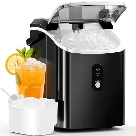 Nugget Ice Maker Countertop with Soft Chewable Ice, Portable Sonic Ice Maker with Basket and Scoop, Removable Top Cover, Auto-Cleaning for Home/Party/RV/Camping (Stainless Steel Black) 34Lbs/24H Stainless Steel Black 1