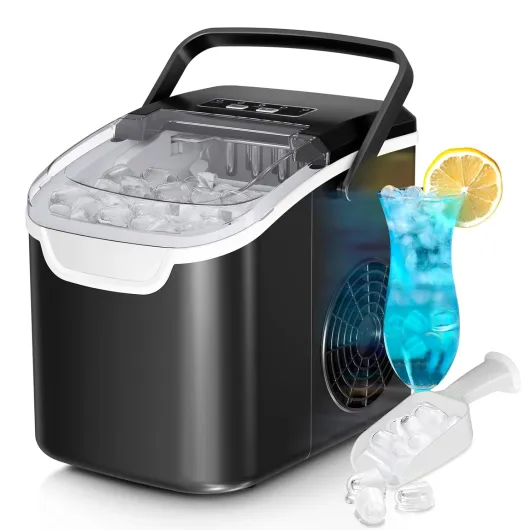 Countertop Ice Maker Machine, 8 Ice Cubes in 6 mins, 26lb/Day Ice with 2 Sizes- Portable Mini, Energy Saving & Basket/Scoop for Home/Party/Travel/Camping/Bar, Dark Black BLACK 26Lbs/24H