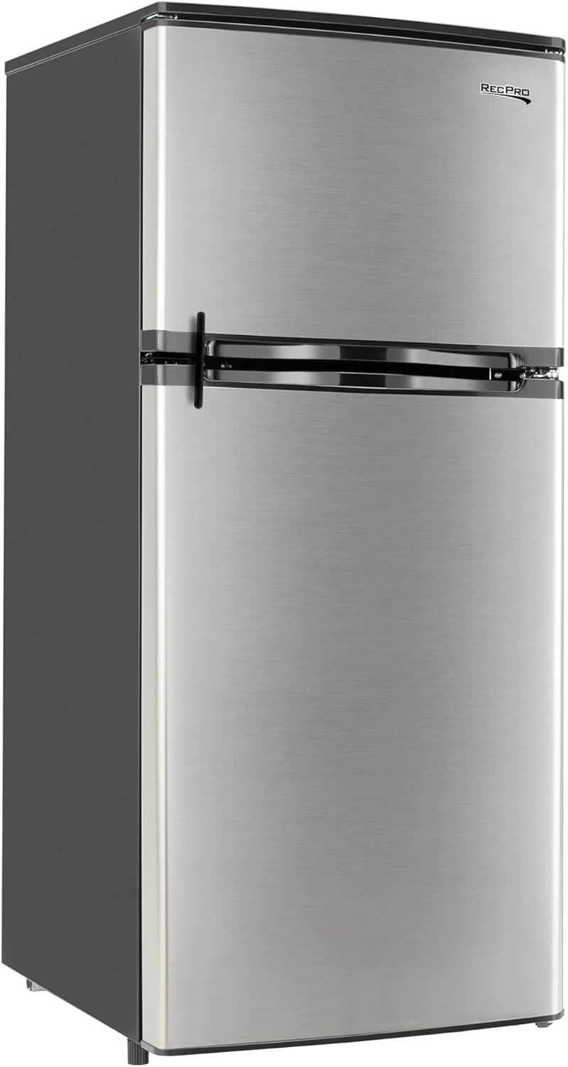4.4 Cu Ft RV Refrigerator - 12V Stainless Steel Fridge with Freezer - Frost-Free, Adjustable Shelves, Built-In Lock, Reversible Door - Off-Grid Ready Camper Fridge with Can Holder Silver (Stainless Steel) 4.4 Cubic Foot