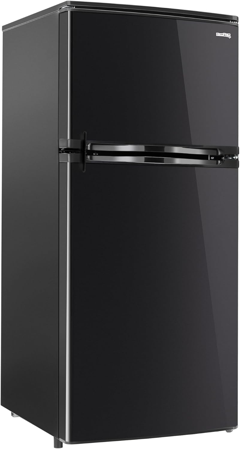 4.4 Cu Ft 12V RV Refrigerator with Freezer - Frost-Free, Black Finish - Adjustable Shelves, Reversible Door, Built-In Lock - Off-Grid Camper Fridge - 19.5”W x 23.5”D x 43.5”H Black 4.4 Cubic Foot