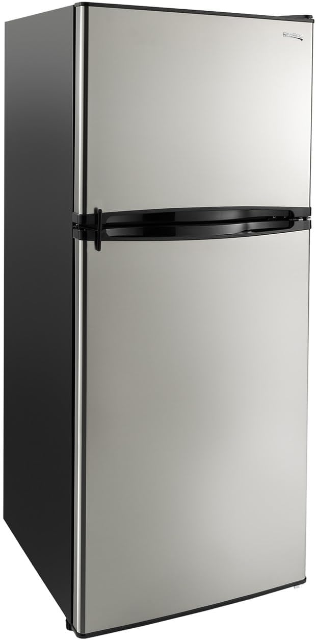 10 Cu Ft 12V RV Refrigerator - Black Frost-Free Fridge with Freezer - Double Door, Adjustable Shelves, Reversible Door, Built-In Lock - 23.5”W x 26”D x 59”H - Off-Grid & Dry Camping Ready Silver (Stainless Steel) 10 Cubic Foot