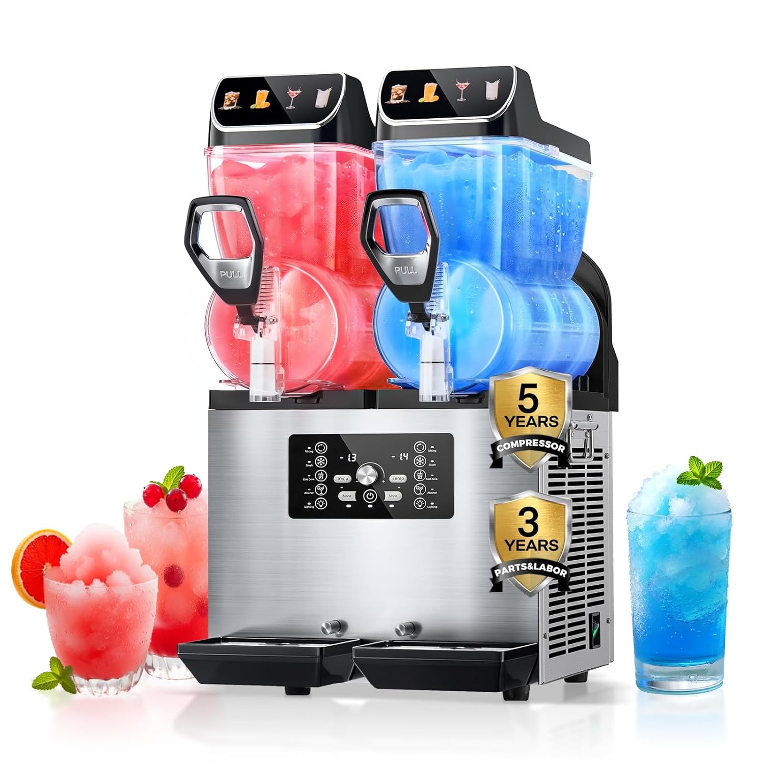 Commercial Slushy Machine, 8Gal/30L Stainless Steel Margarita Smoothie Frozen Drink Machine, Independent Tank Control Slushie Machine, LED/LCD Light, 3 Operating Modes for Restaurants Cafe Bars Silver