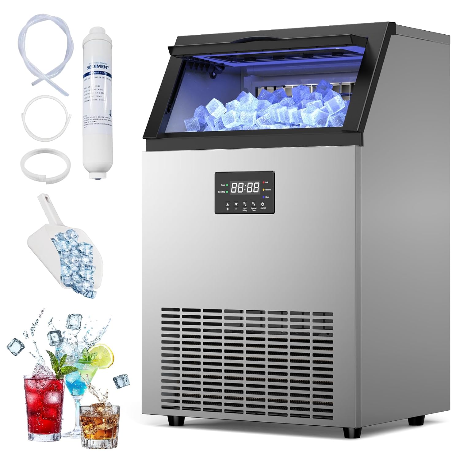 Commercial Ice Maker Machine, 200lbs/Day Under Counter Ice Machine with 50 Lbs Storage Bin, 55 Ice Cubes in 8-12 Mins Free Standing Ice Maker for Home/Bar/Restaurant/Outdoor 200LBS/24H