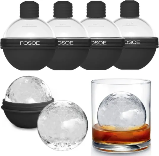 Silicone Ice Ball Molds for Whiskey - Set of 4 Round Makers with Lids for Cocktails, Bourbon, and Drinks 4*Black