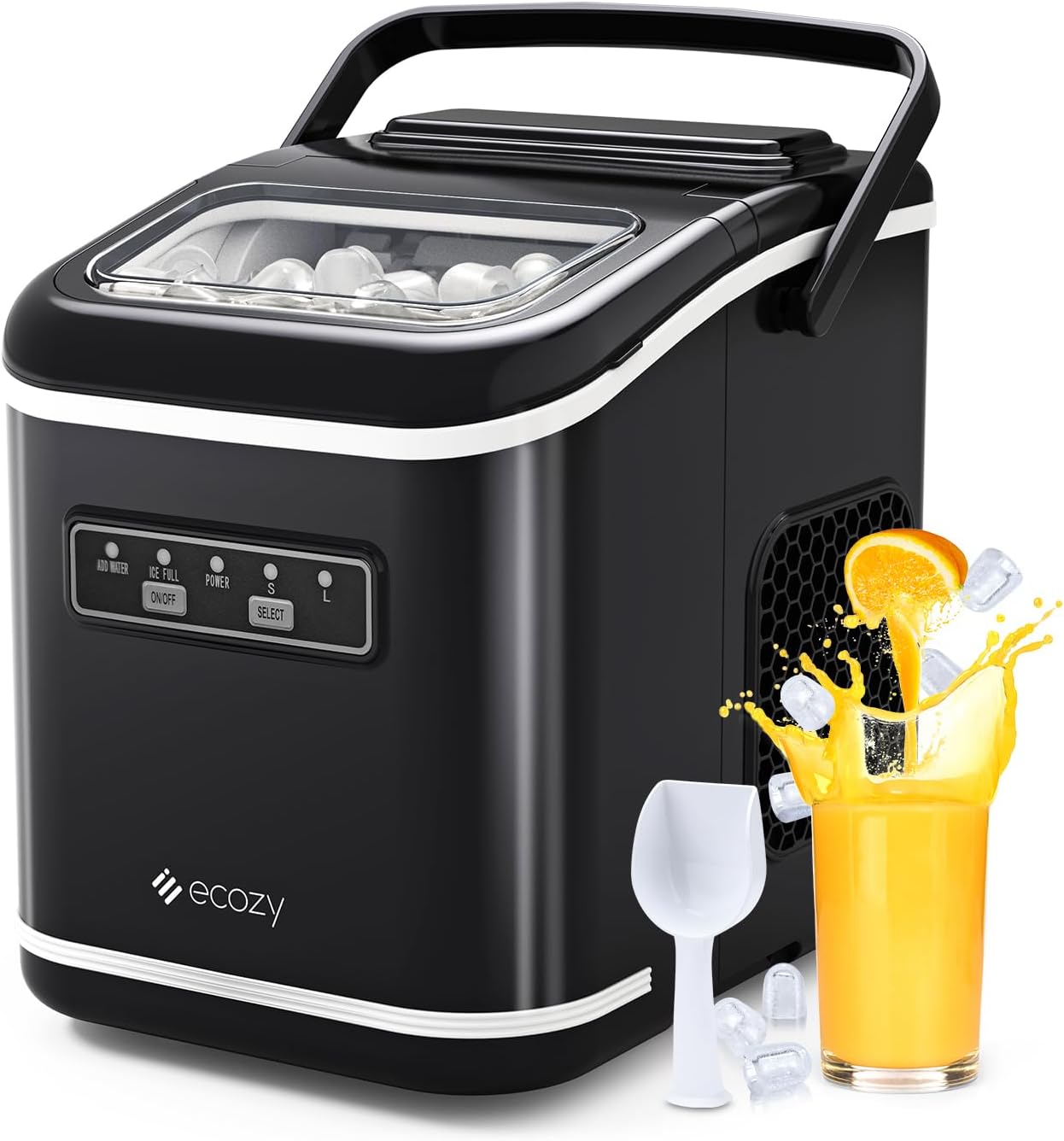 Countertop Ice Maker, Portable, Self-Cleaning, 9 Bullet Ice Cubes in 6 Mins, 26lbs/24Hrs, Ice Maker Machine with Ice Bags, Handle, Standing Scoop and Basket, Black Matte Black Bullet Ice Maker