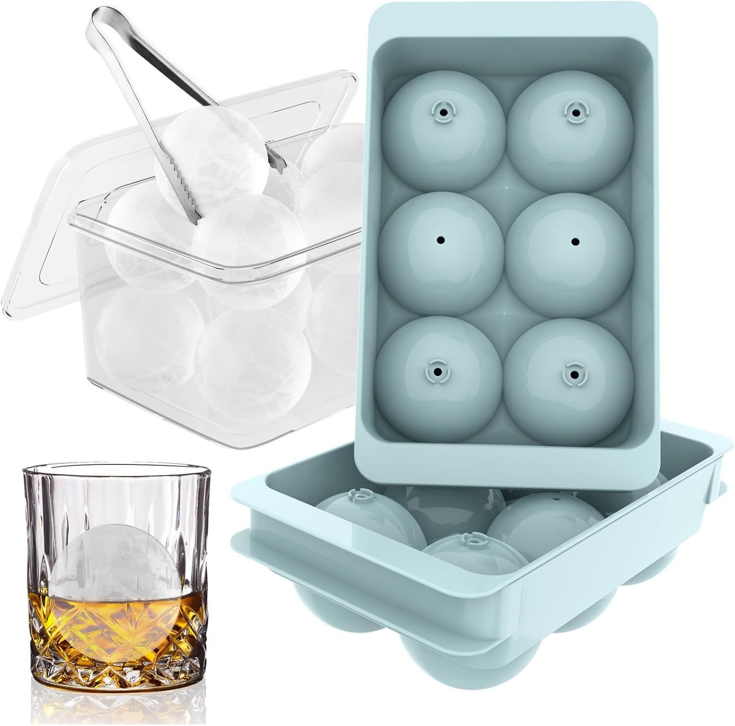 Large Ice Cube Molds, Big Round Whiskey Ice Cube Trays for Freezer, Easy to Fill & Release, Whiskey Bourbon Cocktail(1.9In*6 Balls- Blue/2 Pack) 1.9In*6 Balls Blue/2 Pack