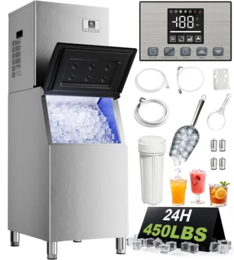 Commercial Ice Maker Machine 450Lbs/24H with 250Lbs Storage, Self-Cleaning Mode, Industrial Ice Machine, Ice Ready in 7-15 min, Stainless Steel Ice Maker for Bar/Cafe/Restaurant/Business 400LBS/24H freestanding