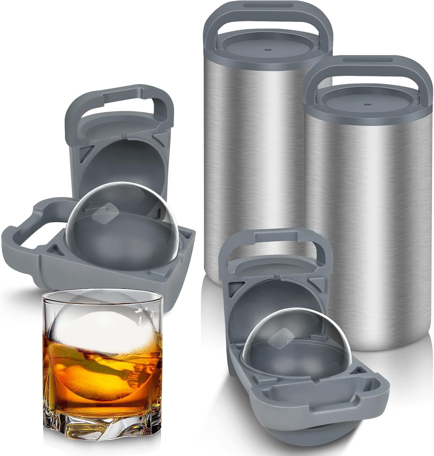 Clear Ice Cube Maker, 2.4" Stainless Steel & Non-BPA Silicone Ice Ball Maker Mold for Cocktails, Drinks & Bourbon, Whiskey Gifts for Men Woman 2 Pack