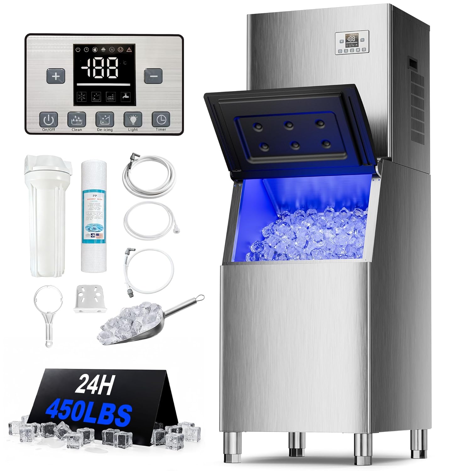 Commercial Ice Maker Machine 450Lbs/24H, 250Lbs Storage Split Ice Maker for Business, 156 Cubes in 7-15 Mins, Industrial Stainless Steel Ice Machine with Self-Cleaning for Hotel Bar Restaurant Shops 450lbs/24H 1