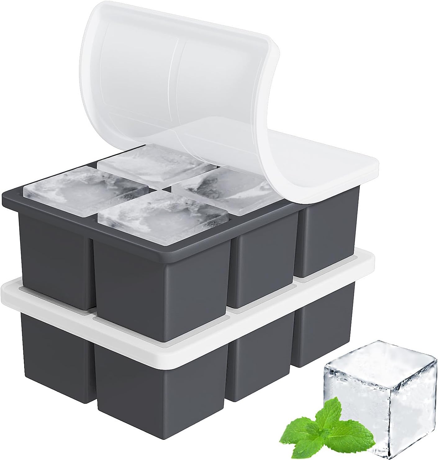 Large Ice Cube Tray for Whiskey: FDDBI Silicone Ice Cube Trays with Lid - 2Pack Big Square Old Fashioned Ice Cube Maker for Cocktail - 2inch Huge Cubed Ice Trays for Whisky Black-2pack