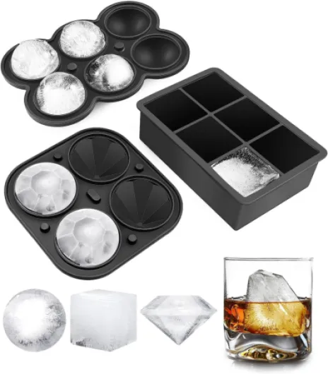Ice Cube Trays, Silicone Ice Cube Molds for Freezer with Lid (Set of 3), 6 Ball Ice Cube Tray, 4 Diamond & 21-Ice Trays, Reusable Whiskey Ice Mold, DIY, BPA Free, Freezer 3Pack Multiple Shapes-Black