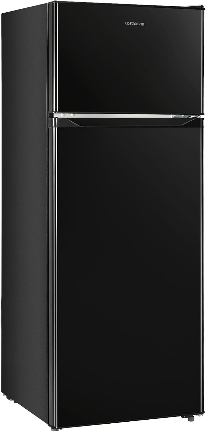 7.7 Cu.Ft - Refrigerator with Freezer, Double Door Fridge, Adjustable Thermostat, Large Capacity, Reversible Door Swing, Refrigerator for Apartment, Office, Dorm, Black（BD75）