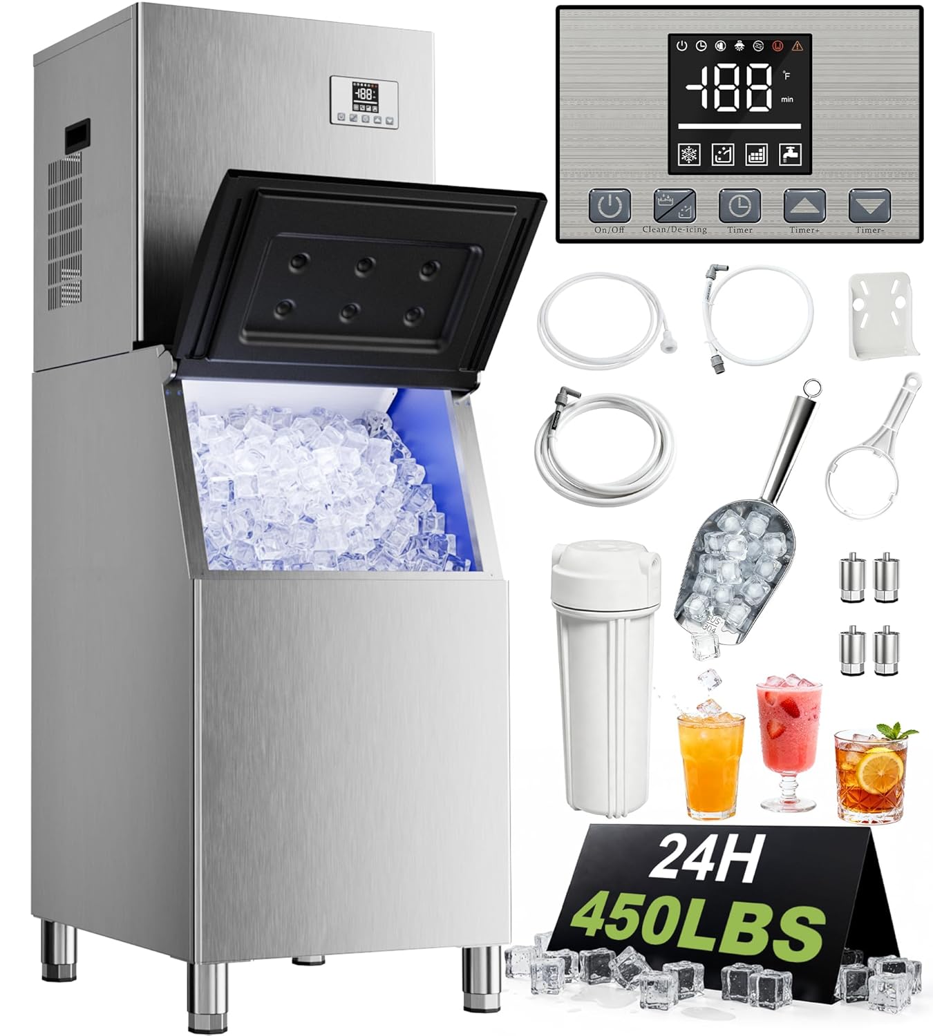 Commercial Ice Maker Machine 450Lbs/24H with 250Lbs Storage, Self-Cleaning Mode, Industrial Ice Machine, Ice Ready in 7-15 min, Stainless Steel Ice Maker for Bar/Cafe/Restaurant/Business 400LBS/24H freestanding