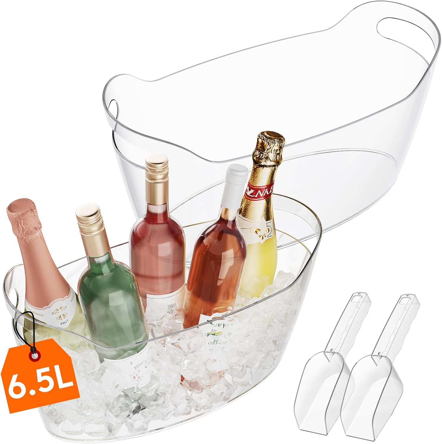 6.5L Ice Bucket for Parties 2 Pcs (in 1 Package), Portable Drink Bucket for Cocktail Bar, Plastic Champagne Cooler for Beverage/Wine/Beer, Mimosa Bar Supplies Chiller Tub with Scoop