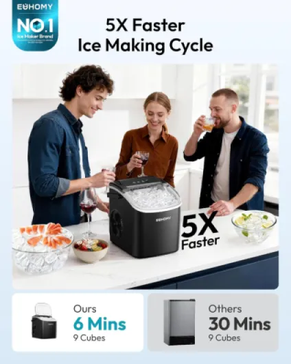 Countertop Ice Maker Machine with Handle, 25.5lbs in 24Hrs, 9 Ice Cubes Ready in 6 Mins, Self-Cleaning Portable Ice Maker with Basket and Scoop, for Kitchen/Home/Camping/RV - (Black)
