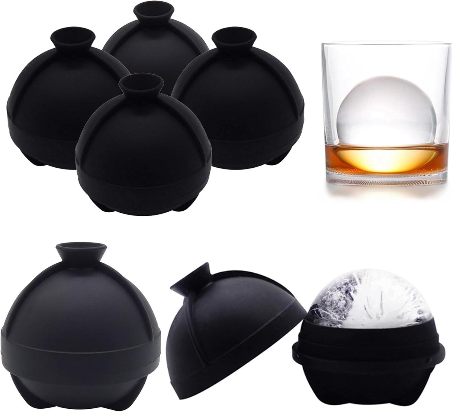 Sphere Ice Molds - 6 Pack - Silicone Ice Ball Molds with Built-in Funnel - Round Ice Cube Molds - Make 2.5 Inch Big Ice Sphere for Whiskey & Cocktails,Food Grade and BPA Free, Black